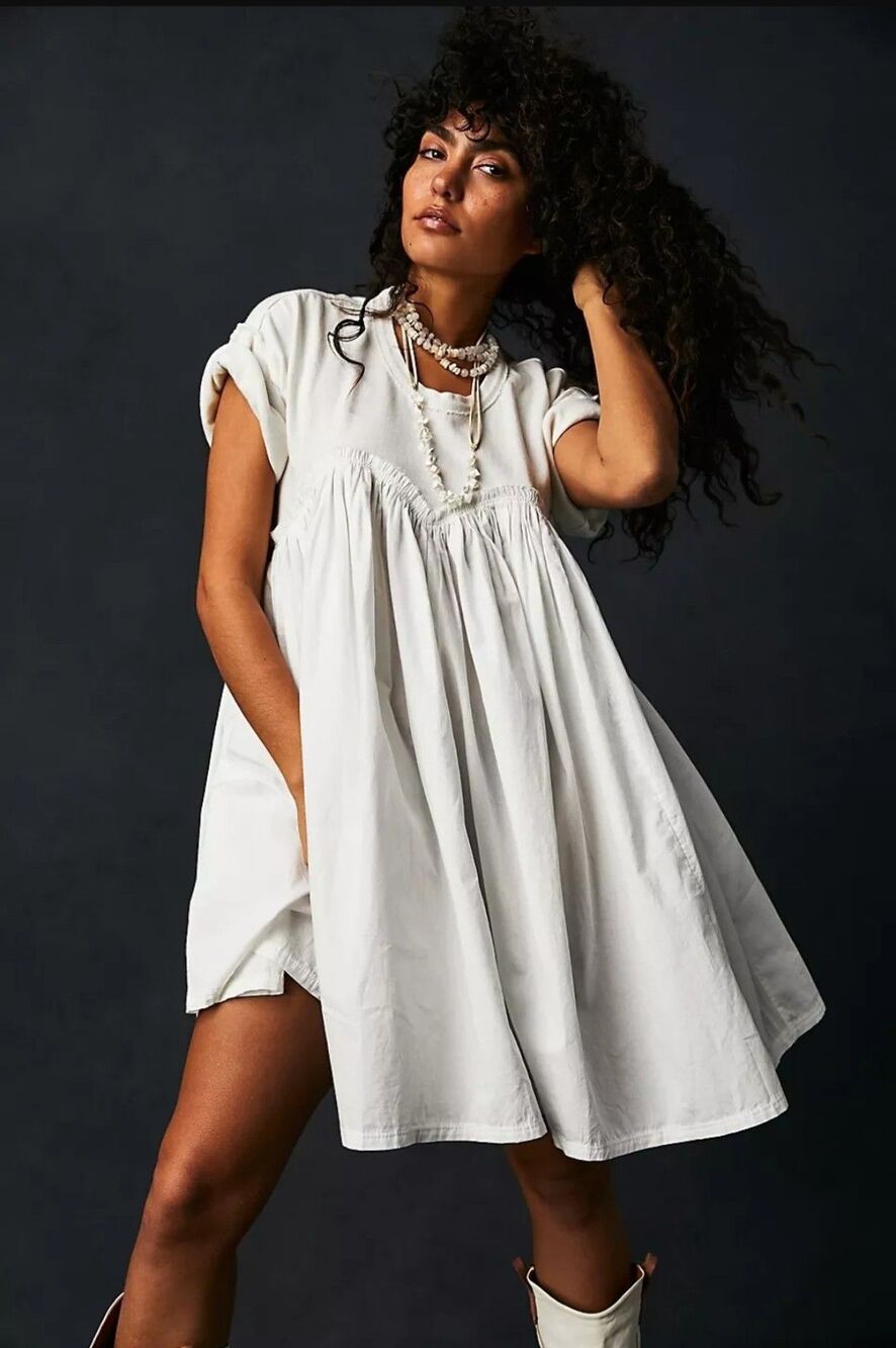 Free People MWT $128 Sz SMALL Catalina Mini Dress Babydoll Sweetheart Pleating - Picture 1 of 14
